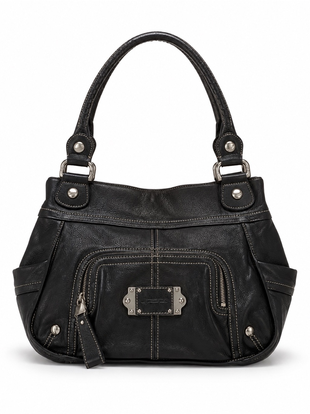 🚫SOLD🚫 Black Pebbled Leather Satchel Bag with Silver Hardware Leopard Lining